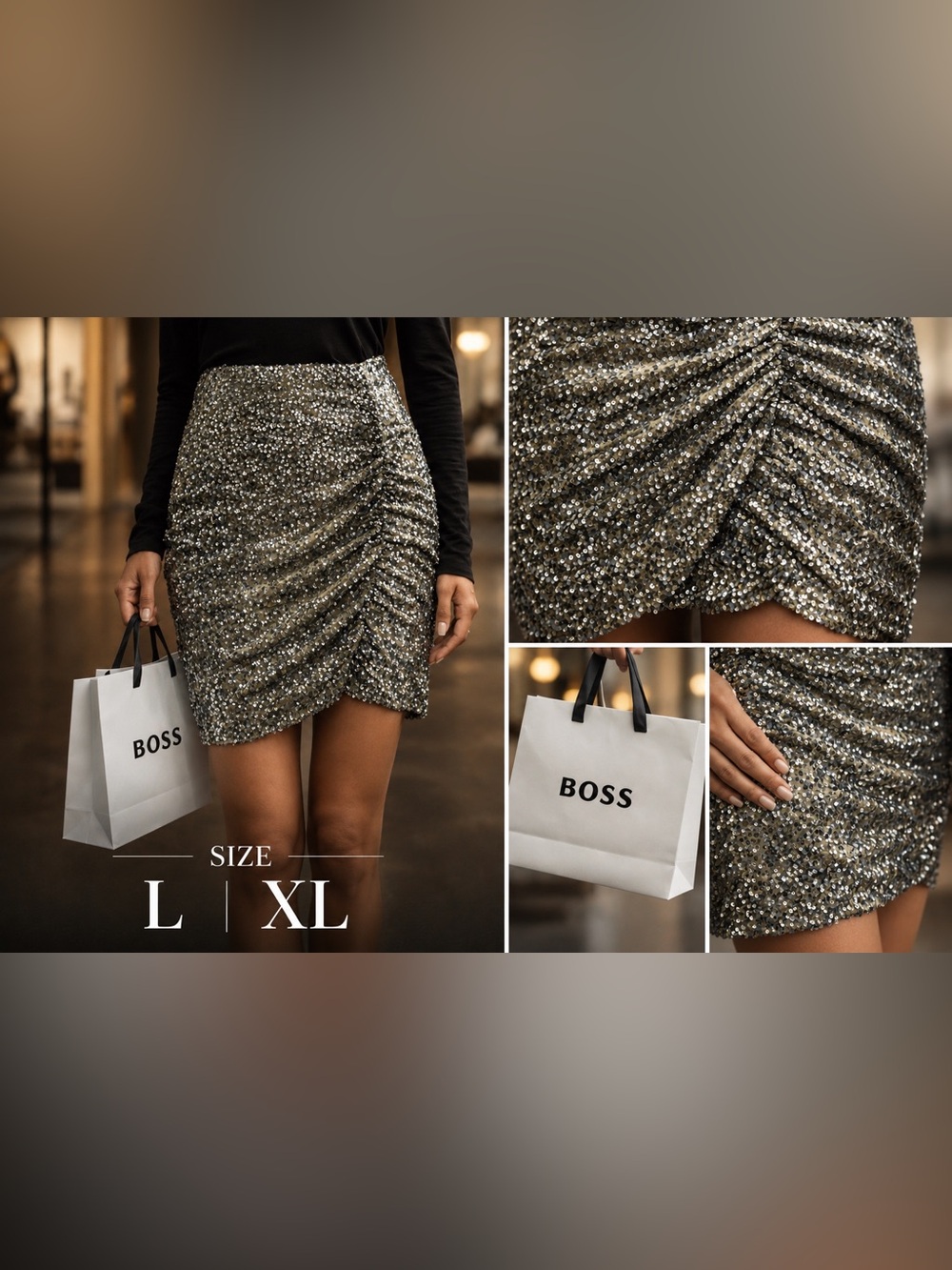 BOSS Metallic Sequin Ruched Mini Skirt in Silver